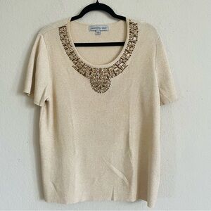 Samantha Grey Cream gold Beaded Women's Top size L ribbed gmacore elegant ribbed